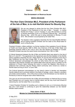 The Hon Clare Christian MLC, President of the Parliament of the Isle of Man, Is to Visit Norfolk Island for Bounty Day