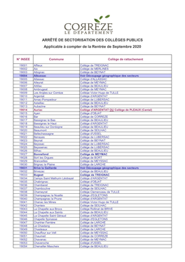 ARRÊTÉ DE SECTORISATION DES COLLÈGES PUBLICS Applicable À Compter De La Rentrée De Septembre 2020