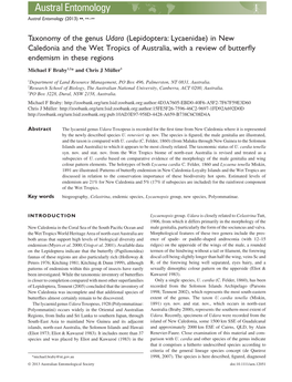 (Lepidoptera: Lycaenidae) in New Caledonia and the Wet Tropics of Australia, with a Review of Butterﬂy Endemism in These Regions