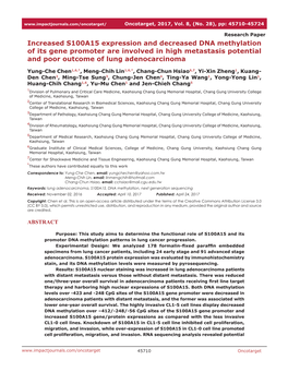 Increased S100A15 Expression and Decreased DNA Methylation of Its Gene Promoter Are Involved in High Metastasis Potential and Poor Outcome of Lung Adenocarcinoma