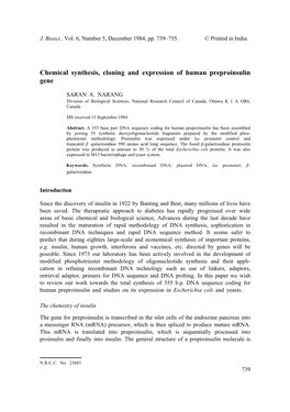 Chemical Synthesis, Cloning and Expression of Human Preproinsulin Gene