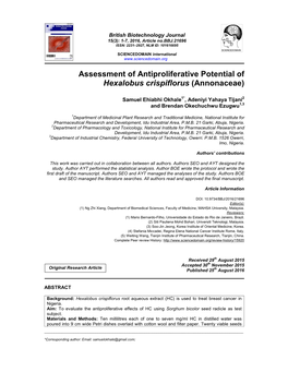 Assessment of Antiproliferative Potential of Hexalobus Crispiflorus (Annonaceae)