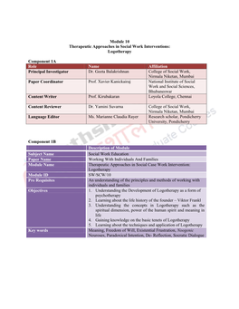 Logotherapy Component 1A Role Name Affiliation