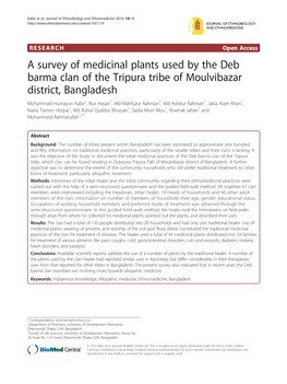 A Survey of Medicinal Plants Used by the Deb Barma Clan of the Tripura