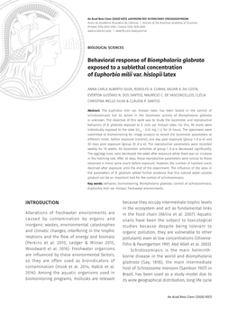 Behavioral Response of Biomphalaria Glabrata Exposed to a Sublethal Concentration of Euphorbia Milii Var. Hislopii Latex