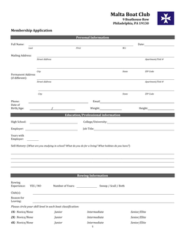 Malta Boat Club Membership Application