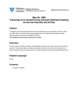 May 26, 1988 Transcript of an Armed Forces General Command Meeting on the Iran-Iraq War and Al-Faw