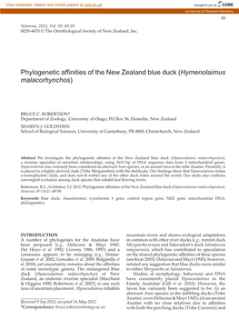 Phylogenetic Affinities of the New Zealand Blue Duck (Hymenolaimus Malacorhynchos)