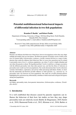 Potential Multidimensional Behavioural Impacts of Differential Infection in Two ﬁsh Populations