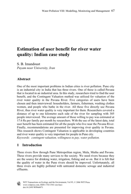 Estimation of User Benefit for River Water Quality: Indian Case Study