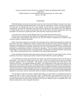 CALCULATIONS for the CELESTIAL OBSERVATIONS That MERIWETHER LEWIS Made at the THREE FORKS of the MISSOURI (Point of Observation No