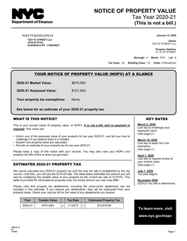 NOTICE of PROPERTY VALUE Tax Year 2020-21 (This Is Not a Bill.)