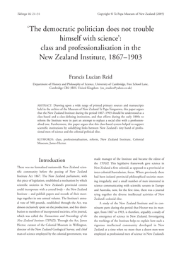 The Democratic Politician Does Not Trouble Himself with Science’: Class and Professionalisation in the New Zealand Institute, 1867–1903