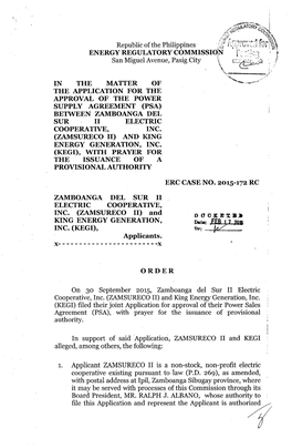 Order, ERC Case No. 2015-172 RC