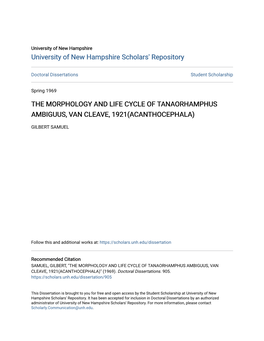 The Morphology and Life Cycle of Tanaorhamphus Ambiguus, Van Cleave, 1921(Acanthocephala)