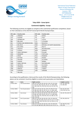 Tokyo 2020 – Canoe Sprint Continental Eligibility