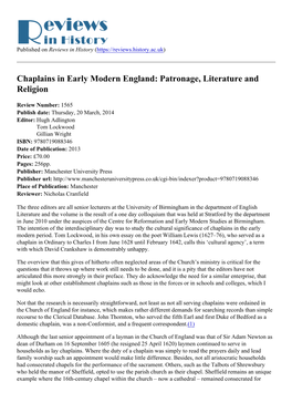 Chaplains in Early Modern England: Patronage, Literature and Religion