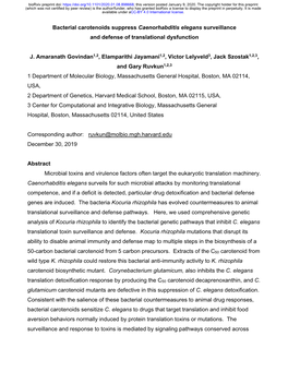 Bacterial Carotenoids Suppress Caenorhabditis Elegans Surveillance and Defense of Translational Dysfunction