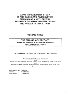 A Pre-Impoundment Study of the Sabie-Sand River System, Mpumalanga with Special Reference to Predicted Impacts on the Kruger National Park