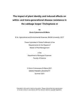 And Trans-Generational Disease Resistance in the Cabbage Looper Trichoplusia Ni