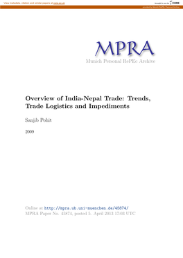 Overview of India-Nepal Trade: Trends, Trade Logistics and Impediments