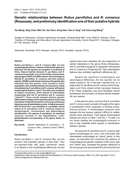 Genetic Relationships Between Rubus Parvifolius and R. Coreanus (Rosaceae), and Preliminary Identification One of Their Putative Hybrids