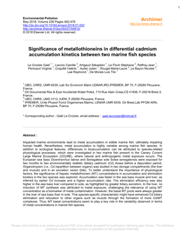 Significance of Metallothioneins in Differential Cadmium Accumulation Kinetics Between Two Marine Fish Species