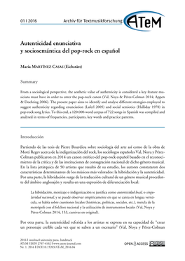 Autenticidad Enunciativa Y Sociosemántica Del Pop-Rock En Español