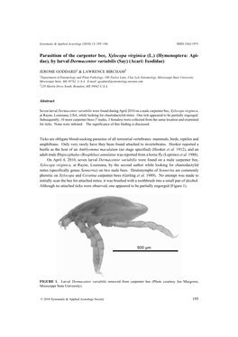 Parasitism of the Carpenter Bee, Xylocopa Virginica (L.) (Hymenoptera: Api- Dae), by Larval Dermacentor Variabilis (Say) (Acari: Ixodidae)