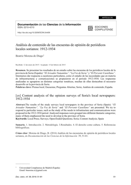 Análisis De Contenido De Las Encuestas De Opinión De Periódicos Locales Sorianos: 1912-1934