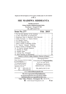 SRI MADHWA SIDDHANTA Monthly Journal of Sriman Madhwa Siddhantonnahini Sabha Tiruchanur - Tirupati 517 503 Ph.: (0877) 223 97 25 Issue No