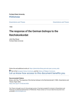 The Response of the German Bishops to the Reichskonkordat