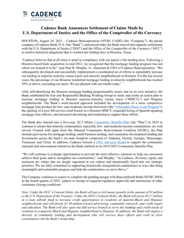 Cadence Bank Announces Settlement of Claims Made by U.S. Department of Justice and the Office of the Comptroller of the Currency