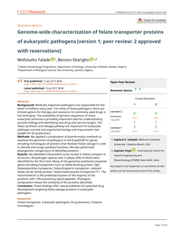 Genome-Wide Characterization of Folate Transporter Proteins of Eukaryotic Pathogens [Version 1; Peer Review: 2 Approved with Reservations]