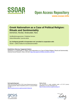 Greek Nationalism As a Case of Political Religion: Rituals and Sentimentality Demertzis, Nicolas; Stratoudaki, Hara