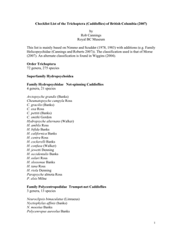 Checklist List of the Trichoptera (Caddisflies) of British Columbia (2007)