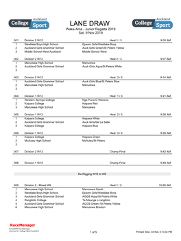 LANE DRAW Waka Ama - Junior Regatta 2019 Sat, 9 Nov 2019