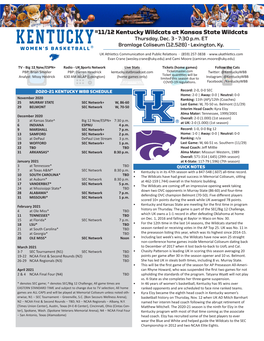 11/12 Kentucky Wildcats at Kansas State Wildcats Thursday, Dec