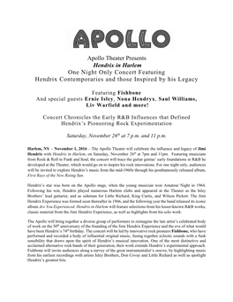 Apollo Theater Presents Hendrix in Harlem One Night Only Concert Featuring Hendrix Contemporaries and Those Inspired by His Legacy