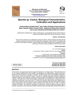 Opuntia Sp. Cactus: Biological Characteristics, Cultivation and Applications