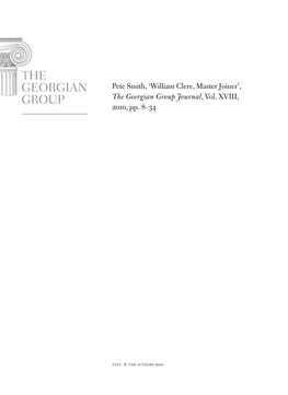 Pete Smith, 'William Clere, Master Joiner', the Georgian Group Journal, Vol. Xviii, 2010, Pp. 8–34