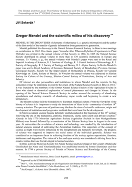 Gregor Mendel and the Scientific Milieu of His Discovery **