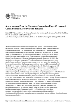 Upper Cretaceous) Galula Formation, Southwestern Tanzania