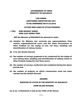 Government of India Ministry of Railways Lok Sabha Unstarred