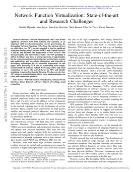 Network Function Virtualization: State-Of-The-Art and Research Challenges Rashid Mijumbi, Joan Serrat, Juan-Luis Gorricho, Niels Bouten, Filip De Turck, Raouf Boutaba