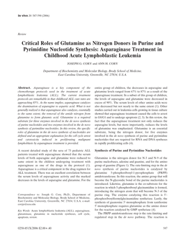 Critical Roles of Glutamine As Nitrogen Donors in Purine and Pyrimidine Nucleotide Synthesis: Asparaginase Treatment in Childhood Acute Lymphoblastic Leukemia