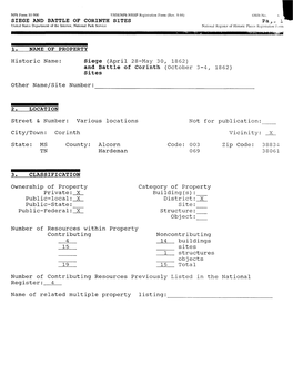 AND BATTLE of CORINTH SITES I United States Department of the Interior, National Park Service National Register of Historic Places Registration Form