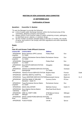 MEETING of DÚN LAOGHAIRE AREA COMMITTEE 27 SEPTEMBER 2010 Confirmation of Issues Question: Councillor V. Boyhan “To Ask the M