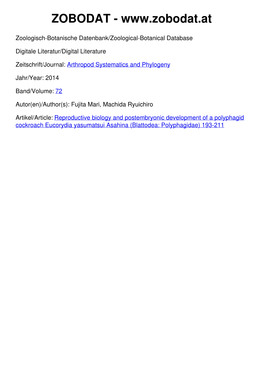 Reproductive Biology and Postembryonic Development of a Polyphagid Cockroach Eucorydia Yasumatsui Asahina