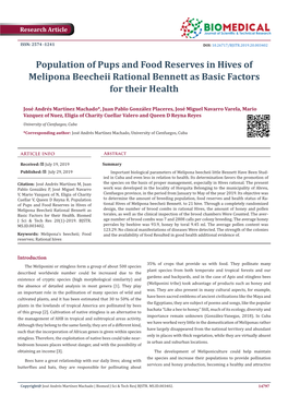 Population of Pups and Food Reserves in Hives of Melipona Beecheii Rational Bennett As Basic Factors for Their Health